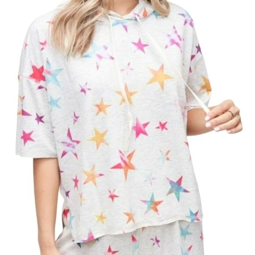 Phil Love Rainbow Star Short Sleeve Hoodie Top White Multicolor Size Small NWT